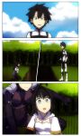  1boy 2girls black_hair blue_eyes bodysuit breasts closed_mouth cloud cloudy_sky fate/grand_order fate_(series) forest fujimaru_myriam fujimaru_ritsuka_(male) fujimaru_ritsuka_(male)_(chaldea_combat_uniform) highres kneeling large_breasts lazyartlazy12 multiple_girls nature open_mouth original purple_bodysuit scathach_(fate) shirt sky staring tree white_hair 