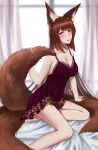  1girl absurdres amagi_(azur_lane) animal_ears azur_lane bangs blunt_bangs blush breasts brown_hair cleavage collarbone curtains dress eyebrows_visible_through_hair fox_ears fox_girl fox_tail frozen-sad highres large_breasts lingerie long_hair looking_at_viewer multiple_tails on_bed purple_dress purple_eyes purple_nightgown short_eyebrows sitting sitting_on_bed solo tail underwear very_long_hair window 