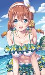  1girl absurdres beach bikini blue_eyes blue_sky braid breasts brown_hair cleavage cloud collarbone day emma_verde frilled_bikini frills highres large_breasts long_hair looking_at_viewer love_live! love_live!_nijigasaki_high_school_idol_club navel ocean open_mouth outdoors sand sky smile solo stomach swimsuit tsukimi_seiya twin_braids white_bikini 