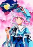  1girl bangs blue_headwear blue_kimono blue_ribbon cherry_blossoms full_moon hand_up hat japanese_clothes kimono moon night night_sky open_mouth pink_eyes pink_hair qqqrinkappp ribbon saigyouji_yuyuko saigyouji_yuyuko&#039;s_fan_design short_hair sky solo touhou traditional_media 