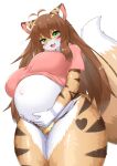 anthro belly big_belly big_breasts biped blush breasts brown_body brown_fur brown_hair canid canine clothed clothing clothing_lift countershade_fur countershading dipstick_tail felid female fluffy fluffy_tail fox fur gold_bottomwear green_eyes hair hands_on_belly heart_(marking) hi_res holding_belly horokusa0519 huge_breasts huge_hips huge_thighs hybrid inner_ear_fluff kemono long_hair looking_at_viewer low-angle_view mammal markings navel open_mouth orange_body orange_fur outie_navel pantherine panties pregnant shirt shirt_lift simple_background solo standing stripes sweatdrop_(iconography) tail tail_markings thick_thighs tiger topwear tuft underwear white_background white_body white_fur wide_hips