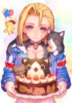  1girl animal animal_on_shoulder balloon blonde_hair blue_eyes blunt_ends blush cake cammy_white candle cat cat_on_shoulder charm_(object) choker cropped_jacket food fruit happy_birthday highres holding holding_plate kodue55 plate scar scar_on_cheek scar_on_face short_hair smile solo strawberry street_fighter 