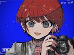  1girl :d bangs blue_background blush camera collared_shirt commentary_request danganronpa_(series) danganronpa_2:_goodbye_despair eyebrows_visible_through_hair face freckles green_eyes hands_up holding holding_camera kara_aren koizumi_mahiru looking_at_viewer necktie open_mouth portrait red_hair shirt short_hair sky smile solo symbol_commentary upper_body 