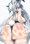  1girl absurdres alternate_costume animal_ear_fluff anus ass bare_shoulders blue_archive blue_eyes breasts closed_mouth commentary_request from_behind grey_hair halo highres leotard long_hair looking_back medium_breasts nagisa_(imizogami) nontraditional_playboy_bunny pussy shiroko_(blue_archive) shiroko_terror_(blue_archive) simple_background slap_mark solo strapless strapless_leotard tail thighhighs uncensored very_long_hair white_background white_thighhighs 