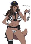  2021 anthro baton big_breasts bikini bikini_bottom bikini_top breasts brown_body brown_fur brown_hair canid canine canis clothing domestic_dog female fur hair hand_on_hip japanese_text looking_at_viewer mammal navel necktie object_in_mouth police_hat shackles simple_background solo swimwear teteteko text whistle_(object) white_background 