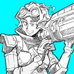 1girl animification apex_legends bad_id bad_pixiv_id blue_background bug_(silkworm_hnw) cable gloves goggles goggles_on_head greyscale_with_colored_background horizon_(apex_legends) looking_down one_eye_closed parted_lips short_hair smile solo upper_body 
