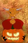 anthro autumn big_breasts bovid bovine breasts brown_eyes cattle clothed clothing digital_media_(artwork) dress eye_contact female food fruit fur hair hi_res holding_object horn looking_at_another mammal plant pumpkin red_clothing red_dress signum-factorem smile solo