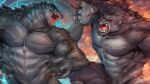  2021 abs angry anthro ape biceps black_body claws digital_media_(artwork) duo fighting_pose godzilla godzilla_(series) gorilla haplorhine hi_res kaiju king_kong king_kong_(series) lizard male mammal muscular muscular_anthro muscular_male pecs pose primate rabbity reptile rivalry scalie scar teeth toho 