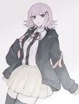  1girl black_jacket black_thighhighs brown_skirt collared_shirt danganronpa_(series) danganronpa_2:_goodbye_despair dress_shirt flipped_hair galaga grey_background hair_ornament highres jacket lll_shino long_sleeves medium_hair miniskirt nanami_chiaki neck_ribbon open_clothes open_jacket parted_lips pink_hair pink_ribbon pleated_skirt ribbon shirt shirt_tucked_in simple_background skirt sleeves_past_wrists solo teeth thighhighs twitter_username two-tone_shirt yellow_skirt zettai_ryouiki 