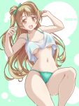  1girl bikini breasts brown_eyes brown_hair cameltoe camisole commentary cropped_shirt dated green_bikini green_ribbon groin hair_ribbon halterneck highres kikuchi_tsutomu knee_up long_hair looking_at_viewer love_live! love_live!_school_idol_project medium_breasts minami_kotori navel one_side_up open_mouth ribbon smile solo strap_slip string_bikini swimsuit underboob wet white_camisole 