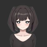  1girl black_background black_hair black_shirt blush breasts cleavage closed_mouth collarbone commentary_request grey_eyes highres looking_at_viewer medium_breasts original rock_zinc shirt simple_background smile solo twintails upper_body 