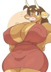  anthro big_breasts bovid bovine breasts brown_hair cattle cleavage clothed clothing curvy_figure female hair hand_on_hip huge_breasts mammal molly_(slightlysimian) nipple_outline open_mouth open_smile slightlysimian smile solo thick_thighs voluptuous wide_hips 