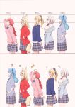  !? +++ 5girls ? absurdres ahoge animal_ear_fluff animal_ears blonde_hair blue_hair blue_jacket bow bowtie chamomile_(kazumasa) earrings fox_ears fox_tail from_side grey_hair hair_ribbon height_chart highres hololive hoshimachi_suisei jacket jewelry long_hair multicolored_hair multiple_girls omaru_polka one_side_up open_clothes open_jacket pink_hair pink_sweater plaid plaid_skirt ponytail red_jacket ribbon sakura_miko school_uniform shiranui_flare shirogane_noel simple_background skirt squiggle standing streaked_hair sweatdrop sweater tail virtual_youtuber 