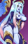  1girl artist_name black_bodysuit blue_lips blue_nails blue_skin bodysuit breasts brown_hair cleavage colored_skin contrapposto cowboy_shot dawnbringer_soraka detached_wings gradient_background grey_hair halo hand_on_own_ass highres large_breasts league_of_legends long_hair multicolored_hair nail_polish nipples pink_background pointy_ears solo soraka_(league_of_legends) teeth torn_bodysuit torn_clothes white_hair wings xinaelle 