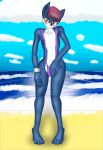 absurd_res anthro beach blue_body brazil canid canine clothed clothing fox girly glasse hair hi_res jeeninx male mammal partially_clothed purple_hair red_eyes seaside solo