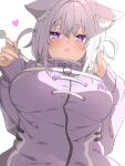  1girl :3 absurdres animal_ear_fluff animal_ears blush breasts cat_ears commentary_request grey_background hands_up heart heart-shaped_pupils highres holding hololive huge_breasts jacket long_sleeves looking_at_viewer medium_hair nekomata_okayu nekomata_okayu_(7th_costume) open_mouth purple_eyes purple_hair purple_jacket purple_nails simple_background sleeves_past_wrists smile solo symbol-shaped_pupils upper_body virtual_youtuber yunon_oto_mad 