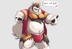  &lt;3 2021 akita anthro beckoning belly bulge canid canine canis clothed clothing dialogue domestic_dog english_text gesture grey_background hi_res jockstrap looking_at_viewer male mammal musclegut muscular muscular_anthro muscular_male navel nipples open_clothing open_mouth open_shirt open_smile open_topwear pecs quads shirt simple_background smile solo spitz standing talking_to_viewer text topwear underwear vitashi 