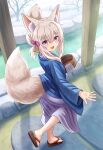 1girl :d absurdres animal_ear_fluff animal_ears bare_tree brown_footwear brown_hair commentary_request day folded_ponytail fox_ears fox_girl fox_tail from_side grey_kimono hair_between_eyes hair_ribbon highres iroha_(iroha_matsurika) japanese_clothes kimono koyoi_(iroha_(iroha_matsurika)) long_sleeves looking_at_viewer looking_to_the_side onsen open_clothes original purple_eyes purple_ribbon ribbon sandals smile snow solo tail tree walking water wide_sleeves yukata zouri 