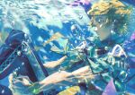  1boy albert_(romancing_saga) blonde_hair blue_eyes bubble cape closed_mouth highres interlocked_fingers male_focus miyama_(lacrima01) romancing_saga_minstrel_song saga short_hair solo underwater water 