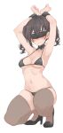  1girl absurdres armpits arms_up bikini black_bikini black_blindfold black_footwear black_hair black_thighhighs blindfold blush bound bound_wrists breasts breasts_apart clenched_hands collarbone covered_eyes covered_nipples earrings high_heels highres idolmaster idolmaster_cinderella_girls jewelry looking_at_viewer medium_breasts navel nose_blush simple_background skindentation solo squatting stomach stud_earrings sunazuka_akira sweatdrop swimsuit thighhighs twintails wasabijoyu76 white_background 