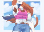 abs absurd_res alnoodle anthro arm_hair armpit_hair big_muscles blue_body blue_bottomwear blue_clothing blue_fur blue_hair blue_shorts body_hair bottomwear bulge calico_cat chest_tuft clothed clothing cloud digital_media_(artwork) dipstick_tail domestic_cat epic_games felid feline felis fortnite fur hair happy_trail hi_res long_hair male mammal markings meowscles muscular muscular_anthro muscular_male nipples one_eye_closed open_mouth orange_hair outside pecs pink_clothing pink_nipples pink_shirt pink_tank_top pink_topwear shirt shorts solo standing tail tail_markings tank_top three-quarter_view topwear tuft white_body white_fur wind