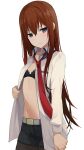  1girl black_bra blue_eyes bra breasts closed_mouth eyebrows_visible_through_hair hair_between_eyes highres hiroki_(yyqw7151) long_hair looking_at_viewer makise_kurisu navel necktie open_clothes pout red_hair red_neckwear simple_background small_breasts solo steins;gate underwear white_background 