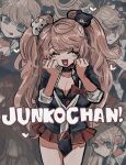  2girls :d bangs bear_hair_ornament black_choker black_neckwear blue_eyes blush bow bra breasts character_name choker cleavage commentary_request cosplay cowboy_shot danganronpa:_trigger_happy_havoc danganronpa_(series) enoshima_junko enoshima_junko_(cosplay) freckles hair_bow hair_ornament hands_up heart highres ikusaba_mukuro kara_aren long_hair miniskirt multiple_girls multiple_views nail_polish necktie open_mouth pink_hair pleated_skirt red_bow red_skirt shiny shiny_hair skirt sleeves_rolled_up smile twintails underwear white_bow white_neckwear 