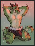absurd_res anthro bottomwear clothed clothing erection erection_under_clothing famir_(artist) forked_tongue front_view glistening glistening_eyes green_body hands_behind_head hi_res kneeling licking licking_lips licking_own_lips looking_at_viewer male markings mouth_closed muscular muscular_anthro muscular_male pink_eyes scalie solo striped_arms striped_legs striped_markings striped_tail stripes tail tail_markings tongue tongue_out topless