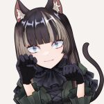  1girl animal_ear_fluff animal_ears black_dress black_gloves black_hair blue_eyes blunt_bangs cat_ears cat_tail dress esuki gloves gothic_lolita grey_hair highres hololive hololive_dev_is juufuutei_raden lolita_fashion long_hair looking_at_viewer multicolored_hair sidelocks smile solo streaked_hair tail virtual_youtuber white_background 