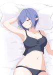  1girl absurdres aoi_(blue_archive) armpits bed_sheet black_panties blue_archive blue_hair blush breasts cleavage groin highres kamitosayu large_breasts mole mole_under_eye navel open_mouth panties pillow pointy_ears short_hair sleeping solo underwear underwear_only 
