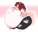 anthro belly beverage big_belly bottomwear brown_hair bubble_tea clothing domestic_cat felid feline felis female fluffy fur hair hi_res huge_belly jacket mammal obese obese_anthro overweight overweight_anthro pants pink_body pink_fur saonimorro simple_background solo thick_thighs topwear torn_bottomwear torn_clothing torn_pants white_body white_fur wide_hips