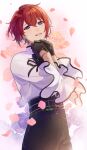  1boy belt black_belt black_gloves black_pants ensemble_stars! falling_petals floral_background flower gloves grey_background highres long_sleeves male_focus own_hands_together pants petals pink_flower pink_petals pink_rose purple_eyes red_hair rose shirt short_hair solo suou_tsukasa white_shirt yasaimorimog 