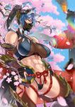  1girl abs anima_(togashi) armor black_hair blue_hair closed_mouth gauntlets gloves hair_ornament highres kamura_(armor) long_hair looking_at_viewer mask monster_hunter_(series) monster_hunter_rise multicolored_hair muscular muscular_female nargacuga_(armor) panties ponytail solo thighhighs two-tone_hair underwear zinogre_(armor) 
