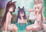  3girls :d ^_^ animal_ear_fluff animal_ears bangs bare_arms bare_shoulders black_hair blue_eyes blush breasts brown_hair cat_ears cleavage closed_eyes closed_mouth collarbone commentary_request cup eyebrows_visible_through_hair fang fence flower folded_ponytail fox_ears grey_hair hair_between_eyes hands_up highres iroha_(iroha_matsurika) japanese_clothes kimono koyoi_(iroha_(iroha_matsurika)) kunoichi-chan_(iroha_(iroha_matsurika)) long_hair medium_breasts multiple_girls mutsuki_(iroha_(iroha_matsurika)) naked_towel onsen open_mouth original partially_submerged purple_eyes purple_flower sakazuki short_sleeves smile towel very_long_hair water white_kimono wide_sleeves 