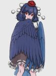  1girl bare_legs black_hair black_wings channel_ikihaji closed_mouth feathered_wings frilled_skirt frills grey_background hat looking_at_viewer medium_hair pointy_ears pom_pom_(clothes) red_eyes red_headwear ribbon-trimmed_skirt ribbon_trim shameimaru_aya sidelocks simple_background sketch skirt solo standing tokin_hat touhou wings 