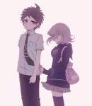  1boy 1girl ahoge animal_bag backpack bag black_jacket black_pants black_thighhighs breast_pocket brown_hair brown_skirt cat_bag chi_gu clothes_pull collared_shirt danganronpa_(series) danganronpa_2:_goodbye_despair dress_shirt flipped_hair from_side galaga green_necktie grey_eyes hair_ornament heterochromia highres hinata_hajime jacket medium_hair miniskirt nanami_chiaki necktie pants pink_bag pleated_skirt pocket profile red_eyes shirt shirt_pull simple_background skirt thighhighs white_background zettai_ryouiki 