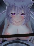  1girl animal_ear_fluff animal_ears bar_censor blush breasts cat_ears cat_girl censored cleavage girl_on_top highres hololive large_breasts looking_at_viewer medium_hair nail_polish nekomata_okayu purple_eyes purple_hair purple_nails smile two_side_up uchi1048 virtual_youtuber 