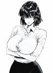  1girl absurdres alternate_costume black_skirt bra bra_peek breasts cleavage collared_shirt cowboy_shot crossed_arms fubuki_(one-punch_man) greyscale highres huge_breasts long_sleeves looking_at_viewer medium_hair monochrome mostlybluewyatt office_lady one-punch_man parted_lips shirt shirt_tucked_in skirt solo tight_clothes tight_shirt underwear 