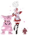  alcremie apron elezen elf final_fantasy final_fantasy_xiv granbull hat heart heart_hands highres lisette_de_valentione one_eye_closed pink_hair platform_footwear pointy_ears pokemon potion_lilac red_eyes short_hair skindentation thighhighs 