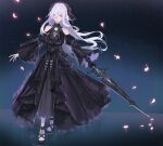  1girl araiyme bare_shoulders black_bow bow clothing_cutout drag-on_dragoon drag-on_dragoon_3 falling_petals flower flower_over_eye full_body hair_bow high_heels highres holding holding_sword holding_weapon long_hair long_sleeves mechanical_arms nier_(series) nier_reincarnation official_alternate_costume petals red_eyes shoulder_cutout single_mechanical_arm solo sword toeless_footwear weapon white_hair zero_(drag-on_dragoon) 