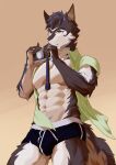  absurd_res anthro archermagnum blue_eyes blue_hair camera canid canine canis clothed clothing hair hi_res male mammal mjj_mianbao open_clothing open_shirt open_topwear shirt solo topwear underwear white_body wolf yellow_eyes 