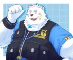 2024 absurd_res anthro band-aid bandage bari_mu black_nose blush canid canine canis clothing domestic_dog fur hi_res humanoid_hands kemono lifewonders live_a_hero male mammal overweight overweight_male shirt solo topwear white_body white_fur yohack