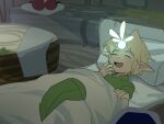  1boy 1girl bed bed_sheet blonde_hair child closed_eyes fairy food green_headwear hat highres link navi open_mouth pillow pointy_ears smile suikaels the_legend_of_zelda young_link 