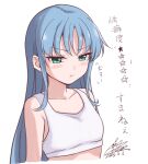  1girl :t blue_hair blush breasts closed_mouth collarbone cototiworld dated green_eyes highres index_(toaru_majutsu_no_index) long_hair pout signature simple_background small_breasts solo sports_bra toaru_majutsu_no_index translation_request white_background white_sports_bra 
