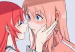  2girls blue_eyes blush bocchi_the_rock! chorohanage closed_eyes facing_another gotoh_hitori hands_on_another&#039;s_cheeks hands_on_another&#039;s_face imminent_kiss kita_ikuyo long_hair long_sleeves looking_at_another multiple_girls pink_hair red_hair sidelocks sweat yuri 