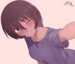  1girl ;) absurdres arm_at_side artist_logo artist_name azumanga_daioh blush breasts brown_eyes brown_hair casual closed_mouth collarbone commentary dark-skinned_female dark_skin dutch_angle english_commentary hair_between_eyes highres kagura_(azumanga_daioh) kurumimi_birb long_bangs medium_breasts one_eye_closed outstretched_arm purple_shirt reaching reaching_towards_viewer selfie shirt short_hair short_sleeves signature simple_background smile solo t-shirt tan upper_body white_background 