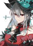  1girl aqua_headwear arknights ascot bangs bare_shoulders black_neckwear blush breasts closed_mouth detached_sleeves dress expressionless eyebrows_visible_through_hair hair_between_eyes hat headgear highres long_hair long_sleeves looking_at_viewer medium_breasts red_dress red_eyes silver_hair simple_background sizhe skadi_(arknights) skadi_(the_corrupting_heart)_(arknights) smile solo upper_body very_long_hair white_background 