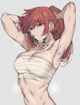  1girl armpits arms_up bandages bare_shoulders breasts chest_sarashi cleavage commentary_request hair_tie_in_mouth highres long_hair midriff mouth_hold navel orange_eyes original red_hair sarashi solo stomach strapless tube_top upper_body urec 