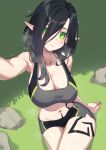  1girl bare_shoulders black_hair blush body_markings breasts cleavage closed_mouth commentary cowboy_shot english_commentary engrish_commentary expressionless green_background green_eyes grey_sports_bra hair_between_eyes hair_over_one_eye highres kangbus large_breasts long_bangs long_hair looking_at_viewer midriff mole mole_on_breast navel on_grass on_ground original outstretched_arm paid_reward_available pointy_ears selfie short_shorts shorts sitting solo sparkle sports_bra thighs two-tone_shorts 