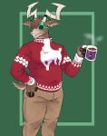 2_horns 3_fingers abstract_background absurd_res alnoodle anthro antlers belly beverage bottomwear brown_body brown_bottomwear brown_clothing brown_fur brown_nose brown_pants christmas christmas_lights clenched_teeth clothed clothing deer digital_media_(artwork) dolph_(fortnite) epic_games eyewear fingers fortnite fully_clothed fur green_background hand_on_hip hi_res holding_mug holding_object holidays horn inner_ear_fluff male mammal mug navel_outline new_world_deer pants portrait pseudo_hair pseudo_hair_over_eye red_clothing red_sweater red_topwear reindeer scut_tail short_tail simple_background slightly_chubby snout solo standing steam sunglasses sweater tail teeth three-quarter_portrait three-quarter_view topwear tuft